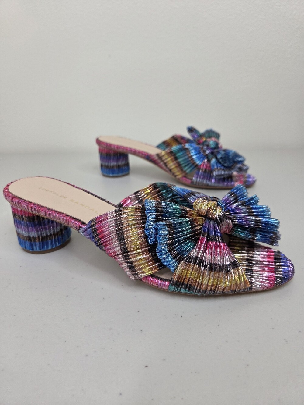 Loeffler Randall Emilia Multicolor Rainbow Pleated Knot Mid-Heel Mules Sandals